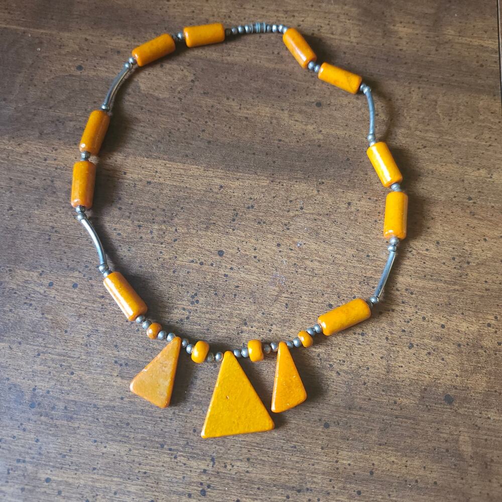 Orange Dyed Howlite Bead Necklace Triangle Pendant Silver Tone Boho Bib 20"
